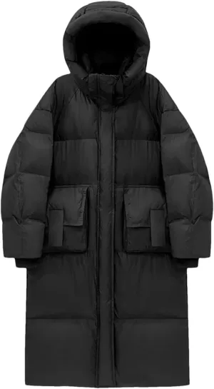 Women Casual Mid-Length Stand Collar Hooded Down Coat Winter Thicken Zipper Cotton-Padded Jacket Warm Loose Jacket