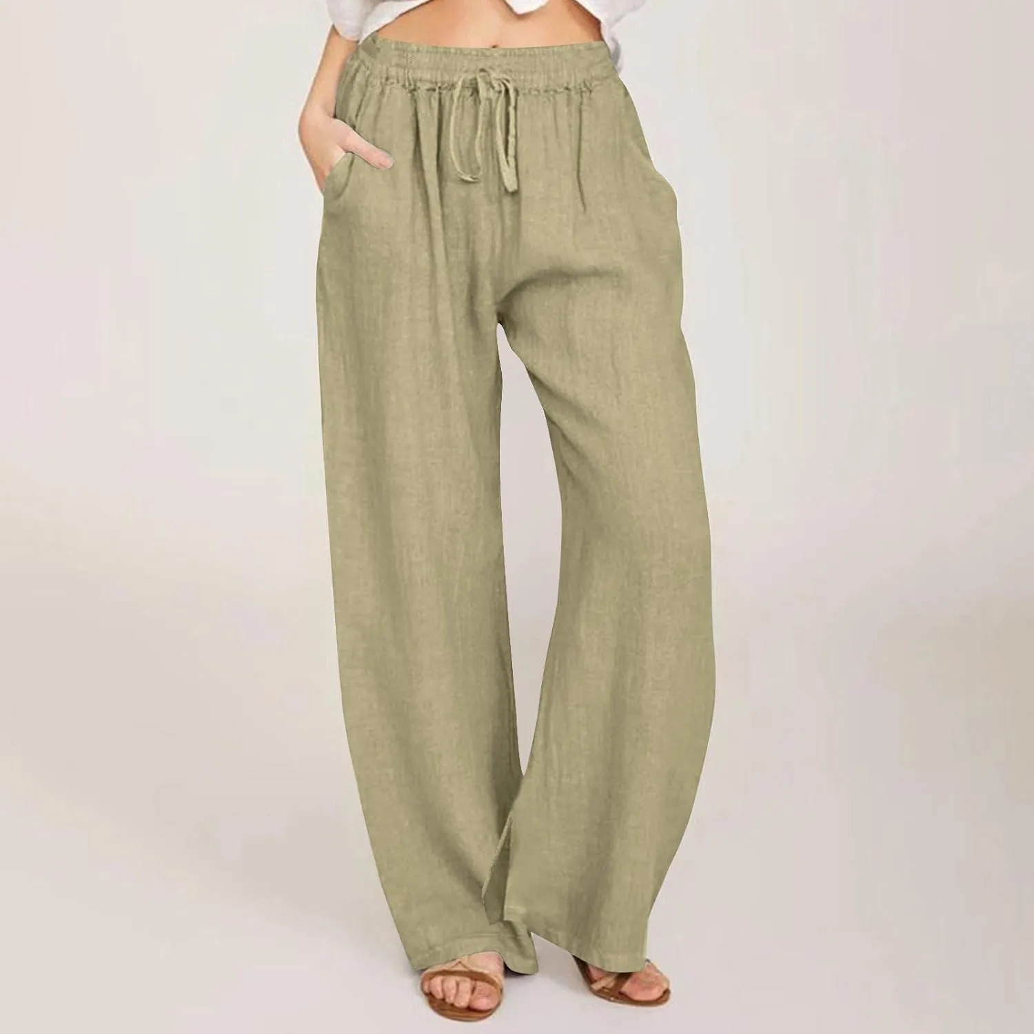 Women Cotton Linen Palazzo Pants Summer Flowy Wide Leg Trousers with Pockets High Waist Drawstring Beach Lounge Pants