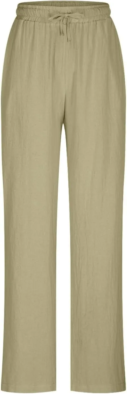 Women Cotton Linen Palazzo Pants Summer Flowy Wide Leg Trousers with Pockets High Waist Drawstring Beach Lounge Pants