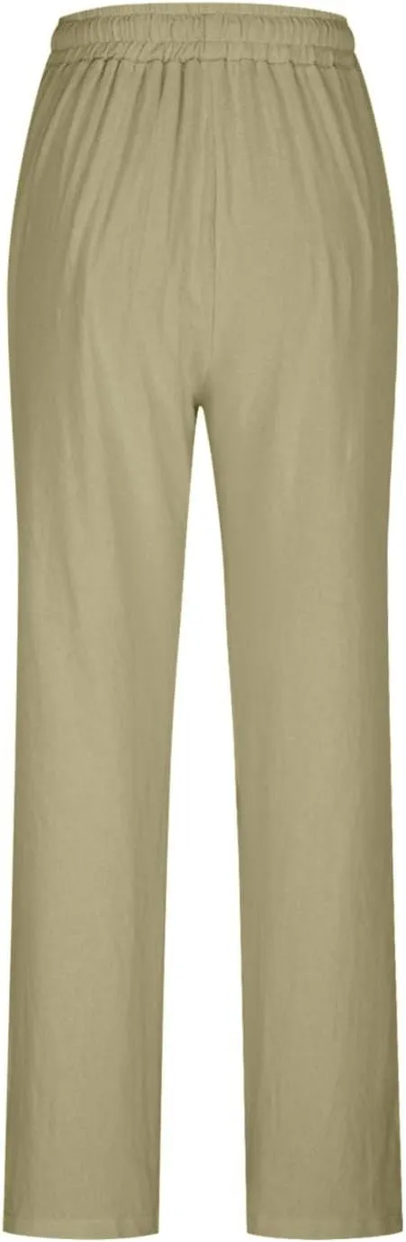 Women Cotton Linen Palazzo Pants Summer Flowy Wide Leg Trousers with Pockets High Waist Drawstring Beach Lounge Pants