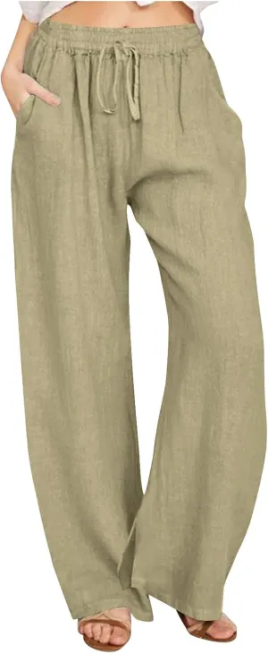 Women Cotton Linen Palazzo Pants Summer Flowy Wide Leg Trousers with Pockets High Waist Drawstring Beach Lounge Pants