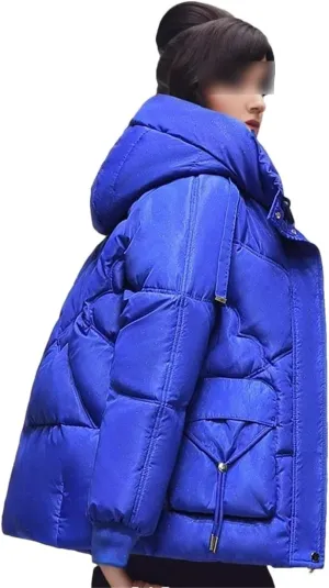 Women Drawstring Warm Thicken Loose Cotton Parka Winter Hooded Down Padded Coat Lightweight Outwear