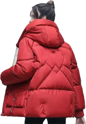 Women Drawstring Warm Thicken Loose Cotton Parka Winter Hooded Down Padded Coat Lightweight Outwear
