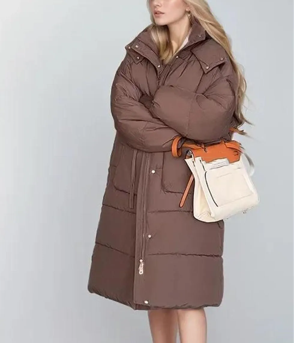 Women Long Loose Button Parka Coat Casual Vintage Warm Hooded Cotton-Padded Jacket