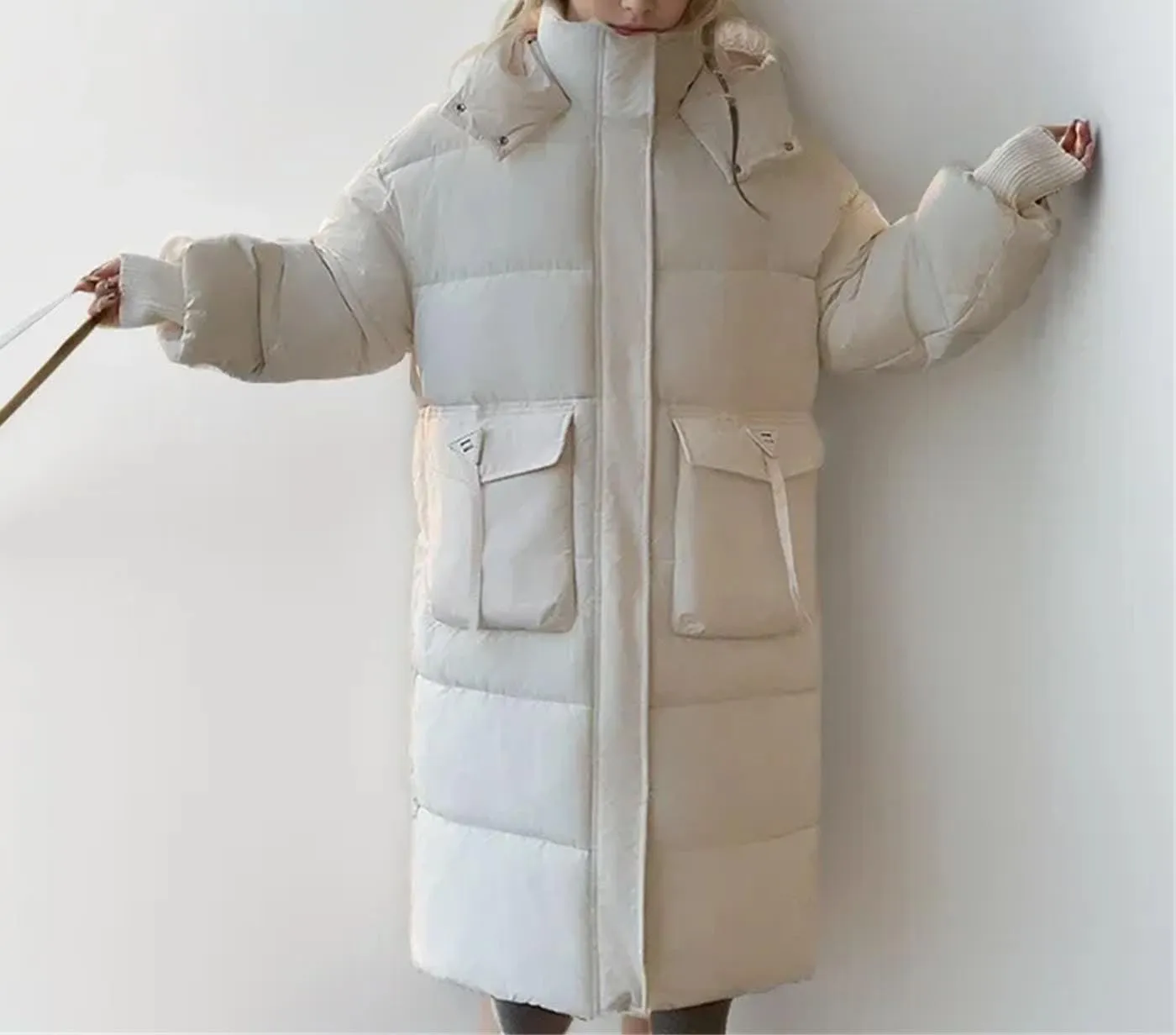 Women Long Loose Button Parka Coat Casual Vintage Warm Hooded Cotton-Padded Jacket