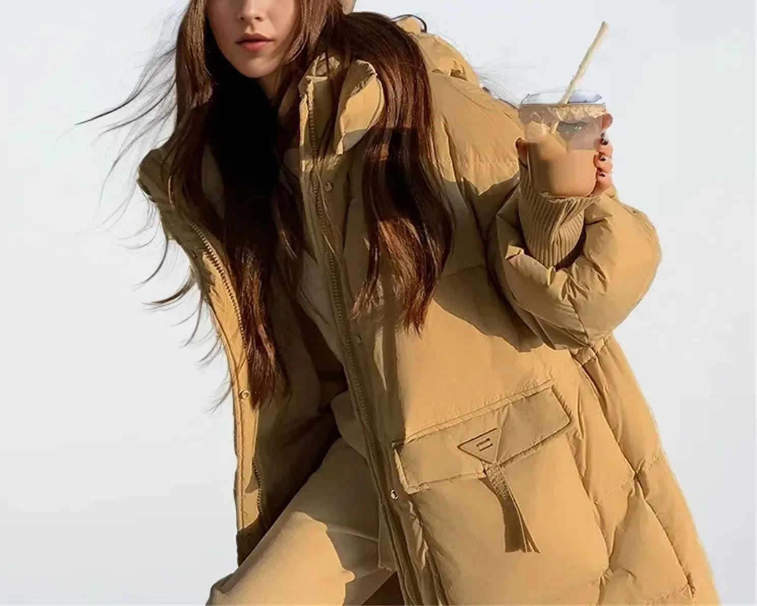 Women Long Loose Button Parka Coat Casual Vintage Warm Hooded Cotton-Padded Jacket
