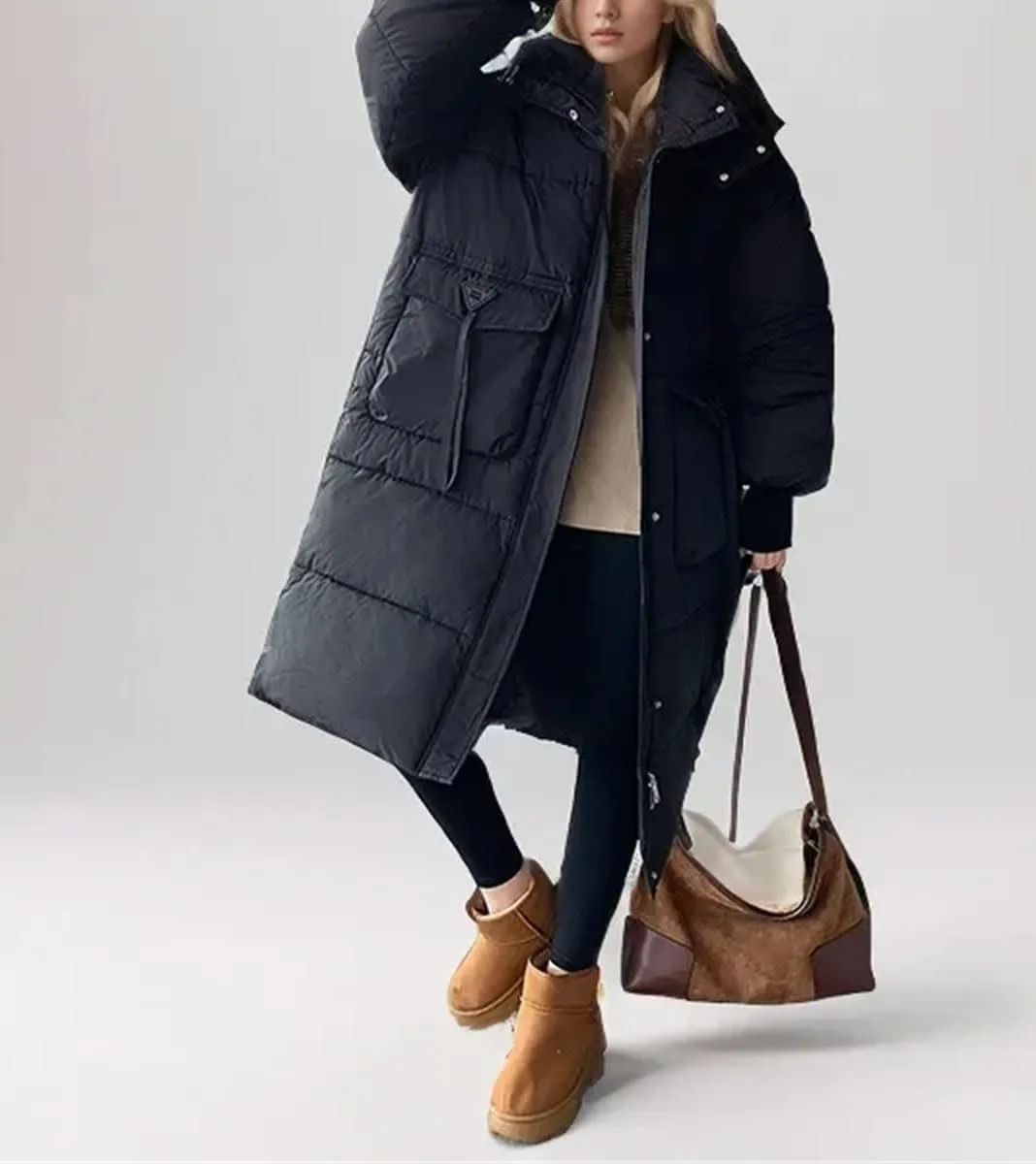 Women Long Loose Button Parka Coat Casual Vintage Warm Hooded Cotton-Padded Jacket