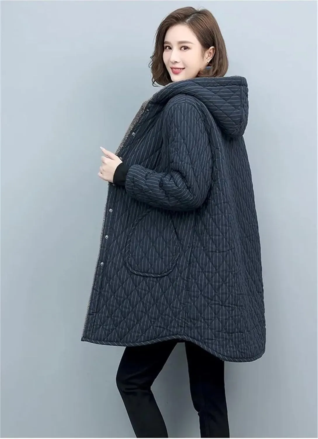 Women Retro Stripe Fleece Padded Cotton Coat Women Loose Casual Long Warm Hooded Overcoat