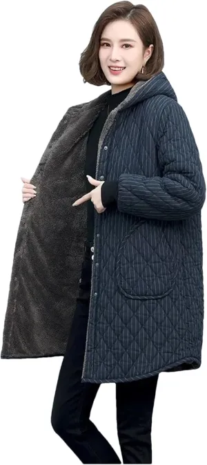 Women Retro Stripe Fleece Padded Cotton Coat Women Loose Casual Long Warm Hooded Overcoat