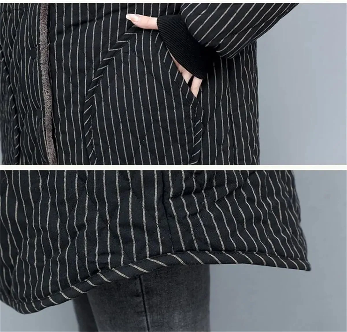 Women Retro Stripe Fleece Padded Cotton Coat Women Loose Casual Long Warm Hooded Overcoat