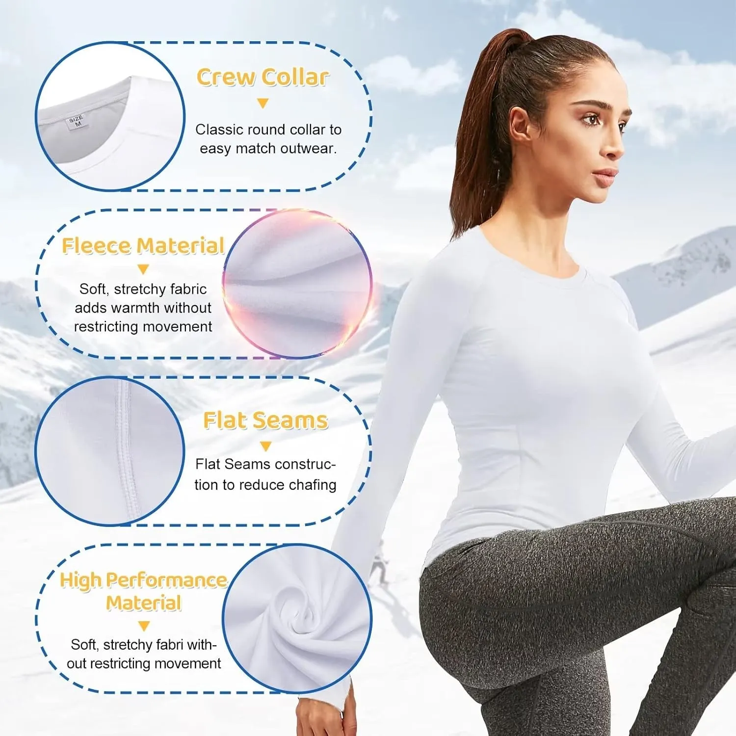 Women Thermal Top Thumbholes Fleece Ski Base Layer UPF 50  Long Sleeve Compression Shirts Running,Warm,Quick Dry