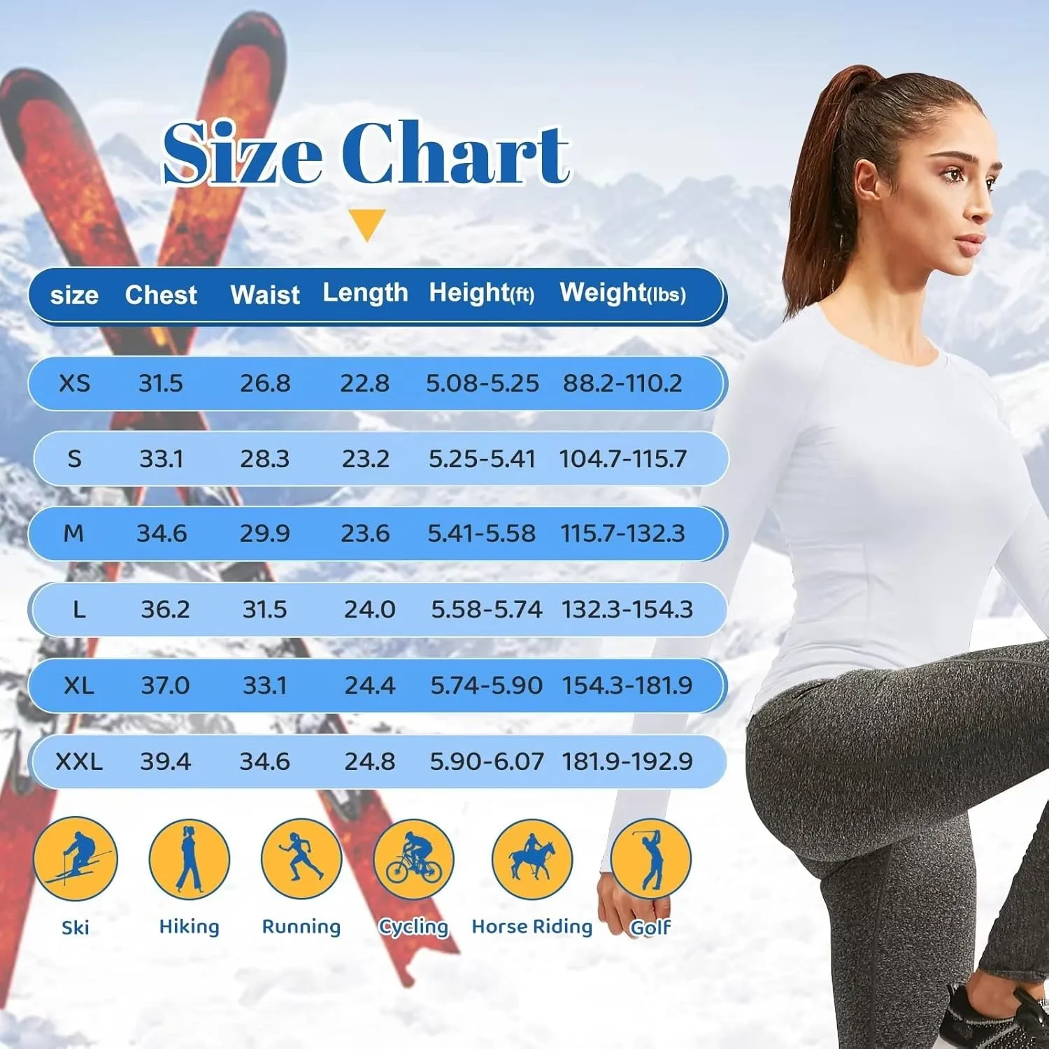Women Thermal Top Thumbholes Fleece Ski Base Layer UPF 50  Long Sleeve Compression Shirts Running,Warm,Quick Dry