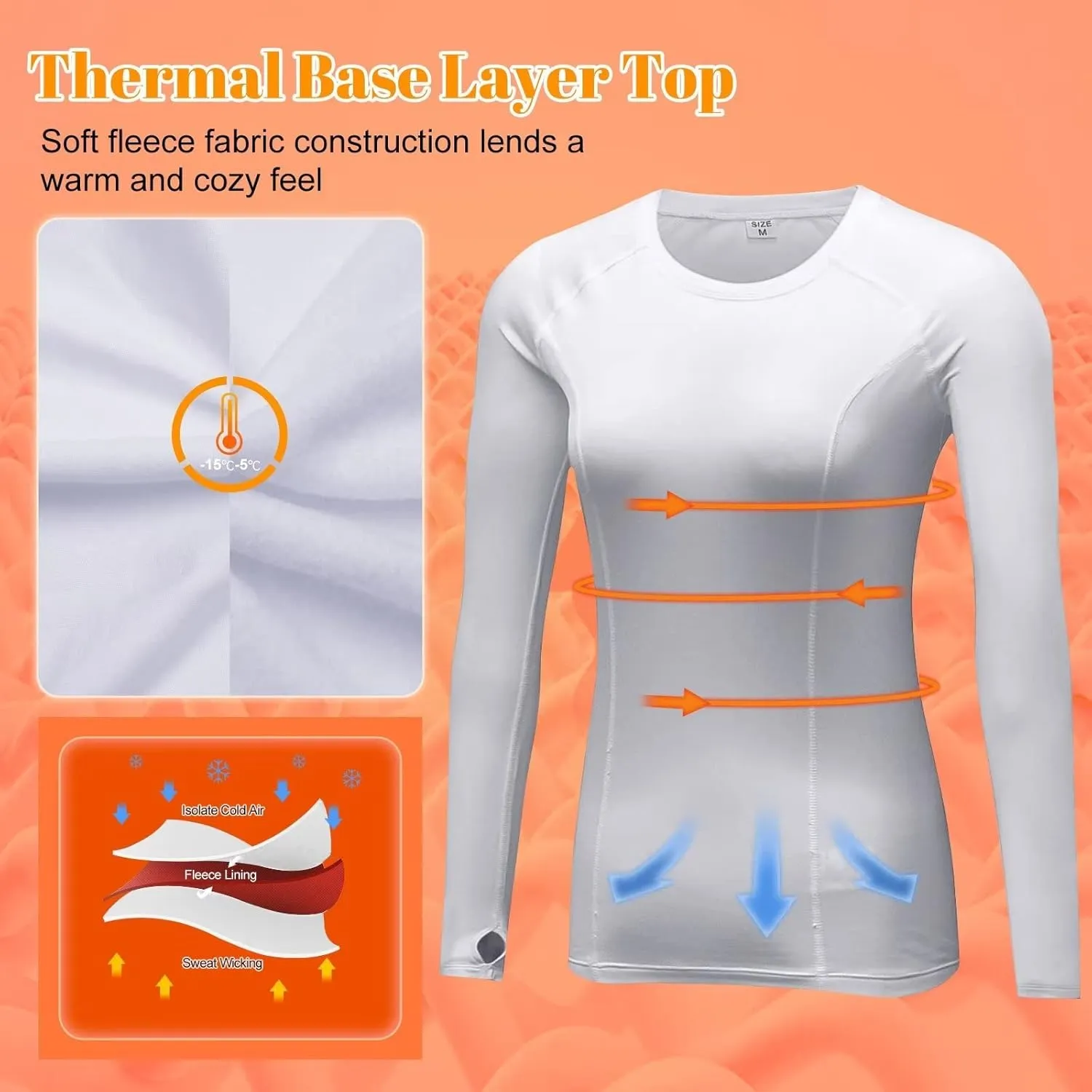 Women Thermal Top Thumbholes Fleece Ski Base Layer UPF 50  Long Sleeve Compression Shirts Running,Warm,Quick Dry