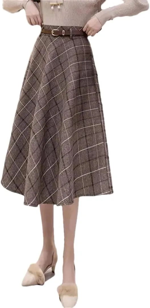 Women Warm Vintage Plaid Midi Skirt Pleated High-Waisted Gothic A-Line Skirts with Belt