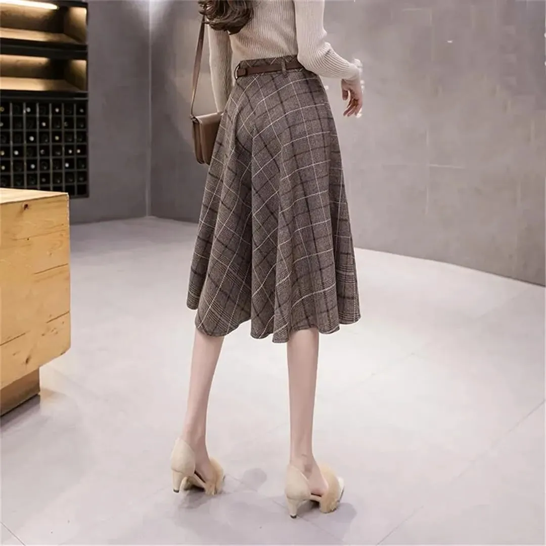 Women Warm Vintage Plaid Midi Skirt Pleated High-Waisted Gothic A-Line Skirts with Belt