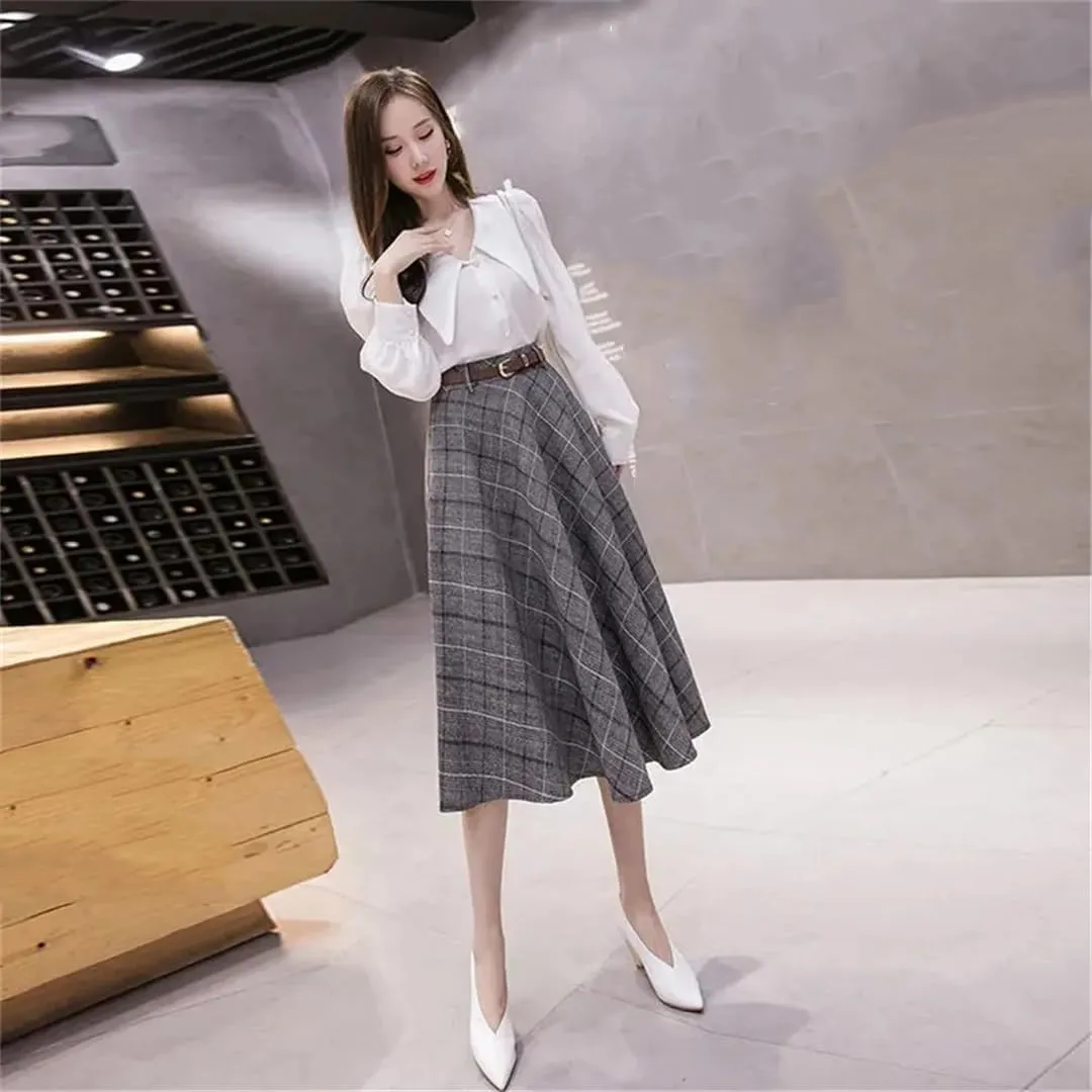 Women Warm Vintage Plaid Midi Skirt Pleated High-Waisted Gothic A-Line Skirts with Belt