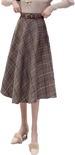 Women Warm Vintage Plaid Midi Skirt Pleated High-Waisted Gothic A-Line Skirts with Belt