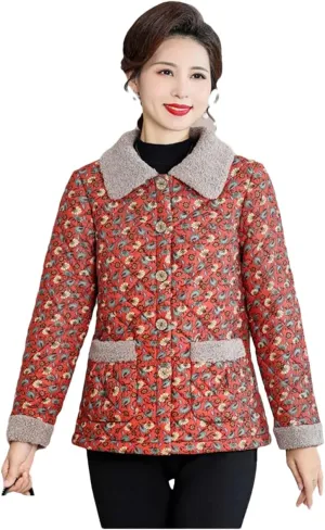 Women Winter Thicken Warm Cotton Padded Coat Middle Aged Elderly Mothers Lapel Flower Fleece Outwear