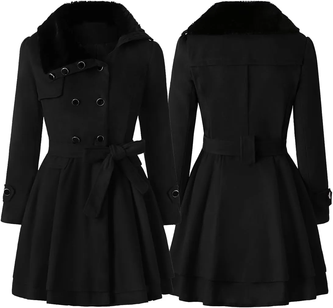 Women Winter Warm Coat Double Breasted Trench Long Sleeve Peacoat Faux Fur Collar Lapel Flared Hem Belted Jacket