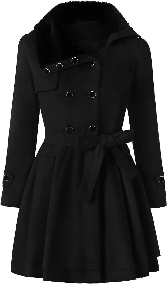 Women Winter Warm Coat Double Breasted Trench Long Sleeve Peacoat Faux Fur Collar Lapel Flared Hem Belted Jacket