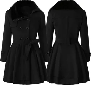 Women Winter Warm Coat Double Breasted Trench Long Sleeve Peacoat Faux Fur Collar Lapel Flared Hem Belted Jacket