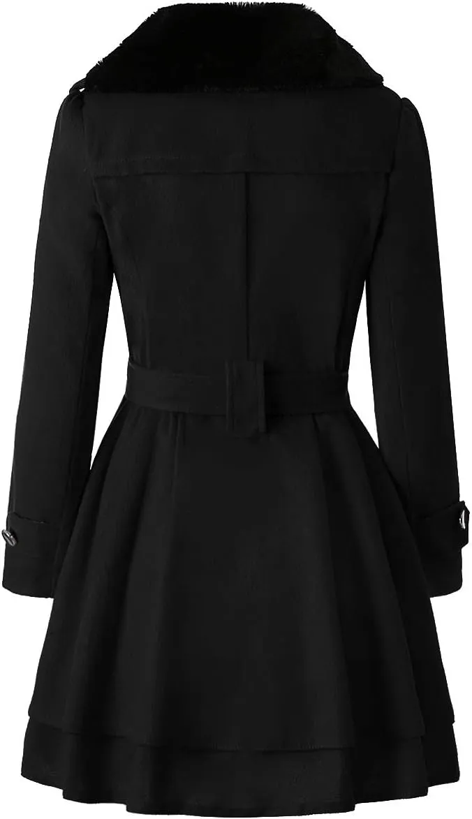 Women Winter Warm Coat Double Breasted Trench Long Sleeve Peacoat Faux Fur Collar Lapel Flared Hem Belted Jacket