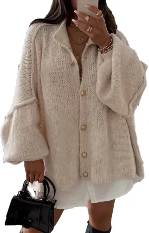 Women Y2k Knit Oversized Cardigan Sweater Casual Batwing Long Sleeve Crewneck Button Down Sweaters Jackets