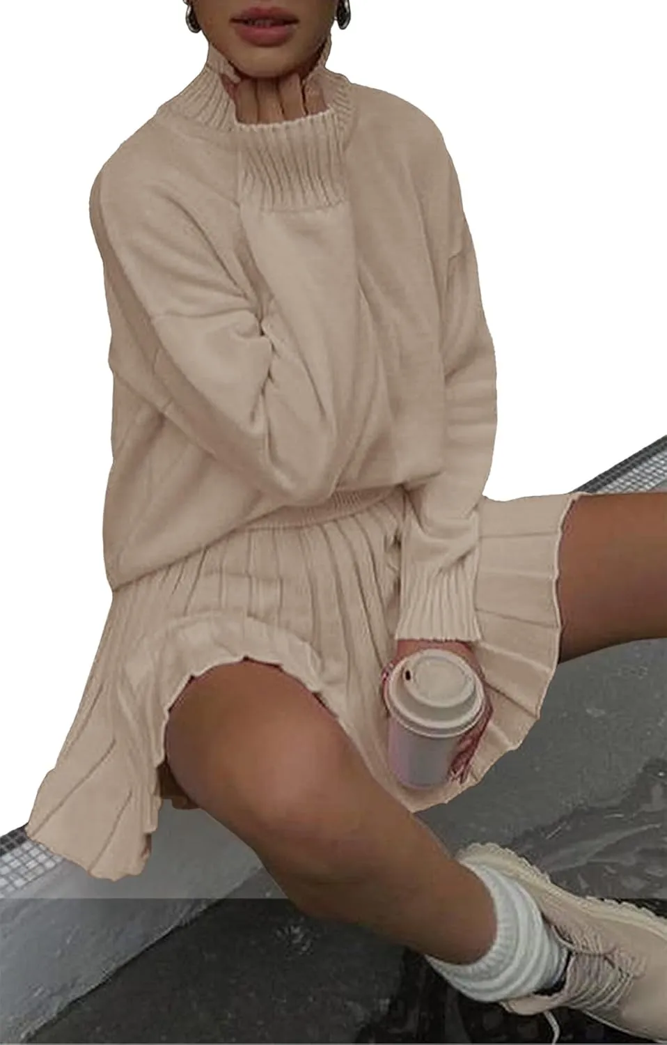 Women's 2 Piece Outfits Turtleneck Long Sleeve Oversized Pullover Sweaters and Pleated Mini Skirt Two Piece Sets