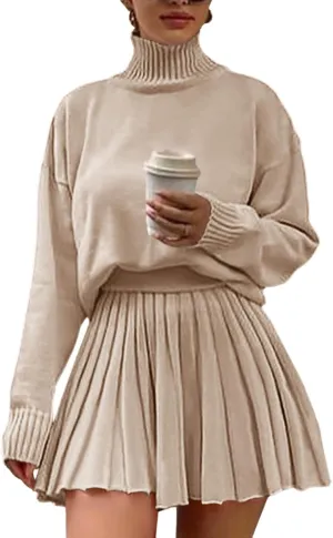 Women's 2 Piece Outfits Turtleneck Long Sleeve Oversized Pullover Sweaters and Pleated Mini Skirt Two Piece Sets