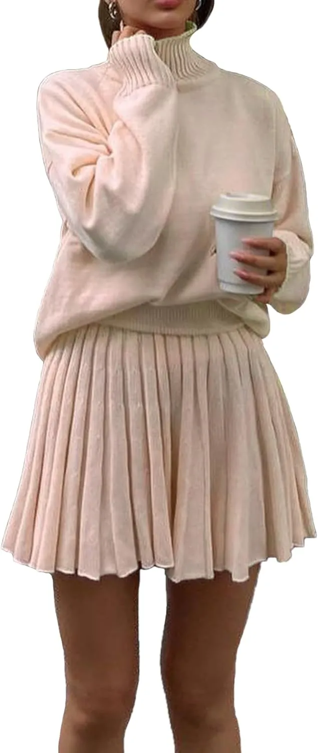 Women's 2 Piece Outfits Turtleneck Long Sleeve Oversized Pullover Sweaters and Pleated Mini Skirt Two Piece Sets