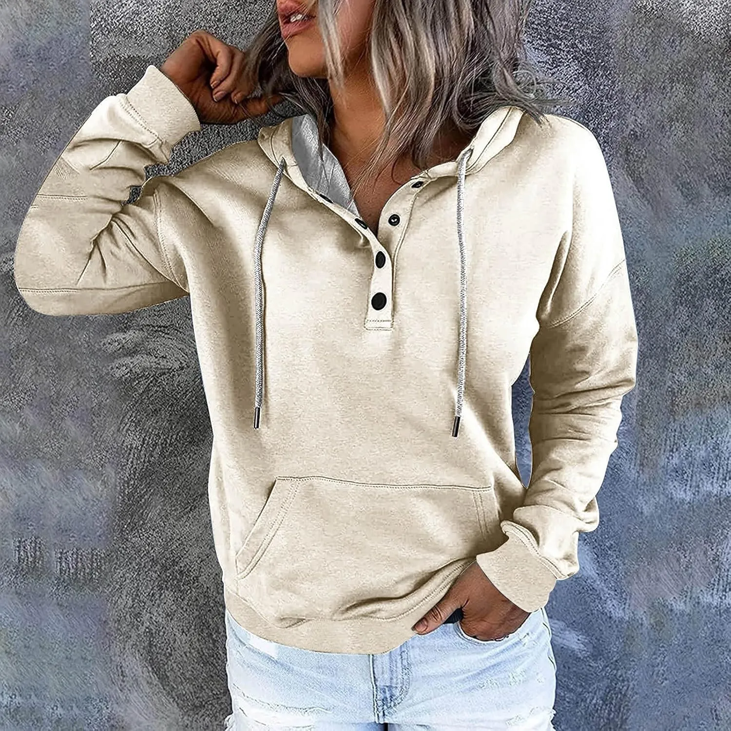 Womens 2024 Button Collar Hoodies Hooded Drawstring Pullover Sweatshirts Casual Long Sleeve Fall Fashion Shirts Top