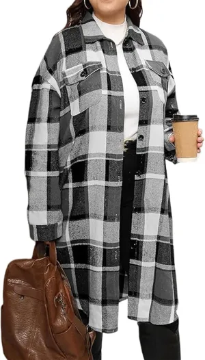 Women's 2025 Plus Size Plaid Flannel Shacket Loose Fit Long Shirts Jacket Tartan Boyfriend Oversized Coat