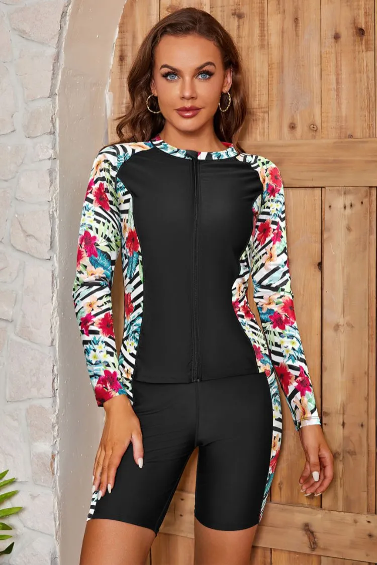 Women's 3 Piece Rash Guard Long Sleeve Swimsuits Zip Bathing Suits with Pants UPF 50  Shirt