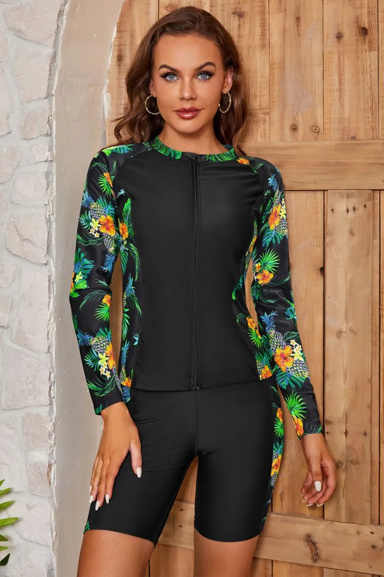 Women's 3 Piece Rash Guard Long Sleeve Swimsuits Zip Bathing Suits with Pants UPF 50  Shirt