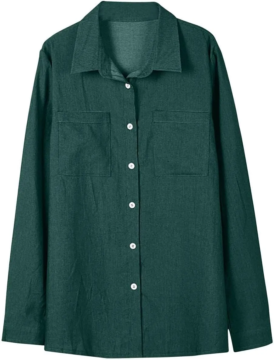 Womens Button Down Denim Shirt Casual Lapel Collar Rolled Up Long Sleeve Loose Jean Shirts with Pockets Solid Color