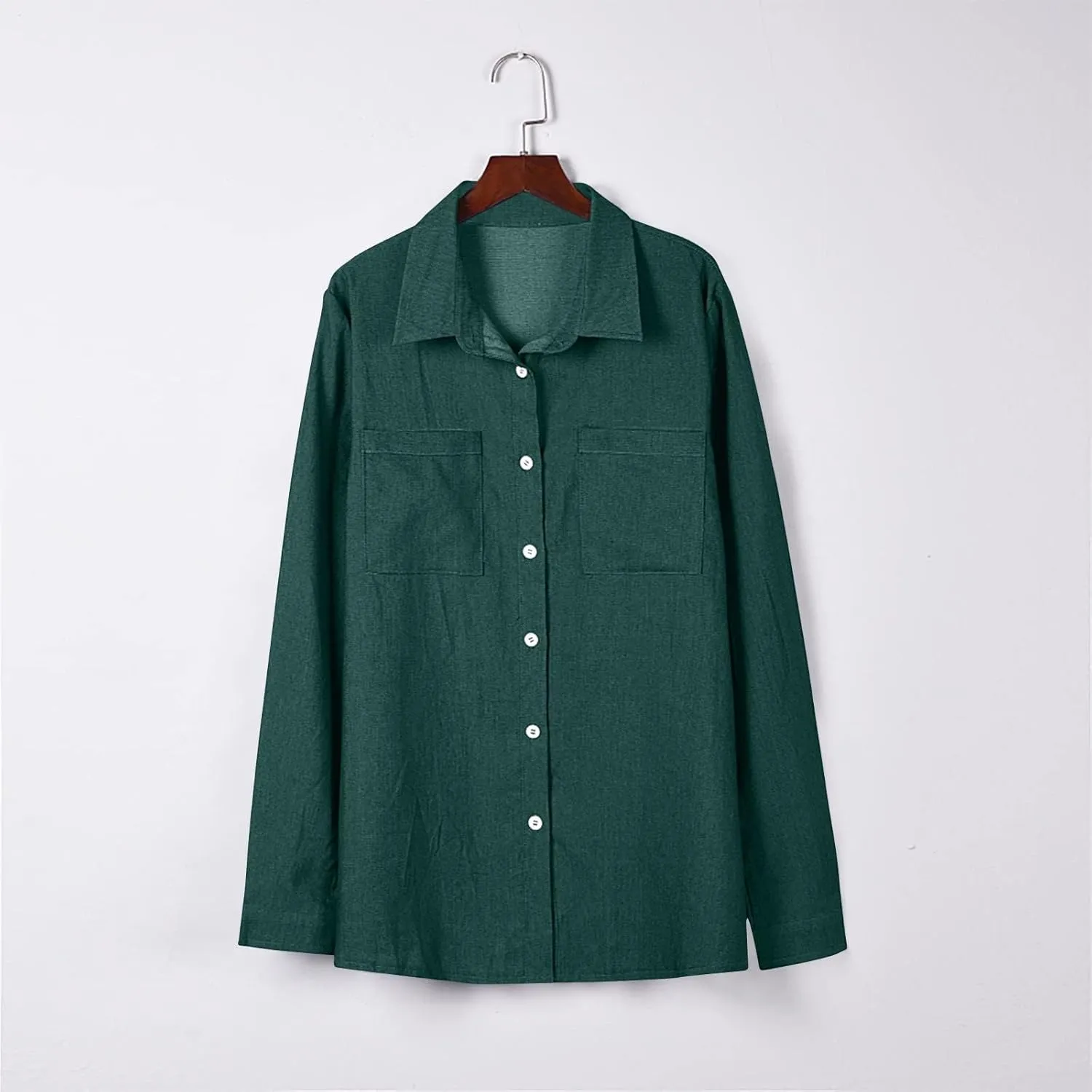 Womens Button Down Denim Shirt Casual Lapel Collar Rolled Up Long Sleeve Loose Jean Shirts with Pockets Solid Color