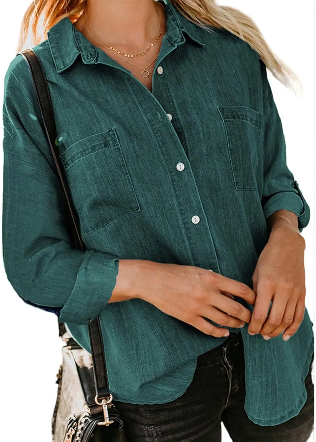 Womens Button Down Denim Shirt Casual Lapel Collar Rolled Up Long Sleeve Loose Jean Shirts with Pockets Solid Color