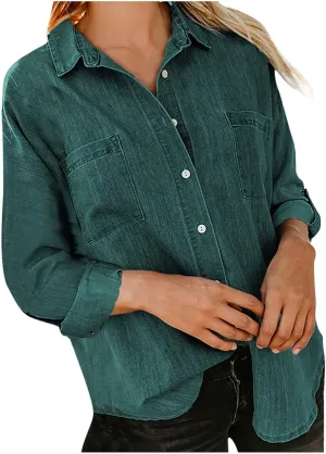 Womens Button Down Denim Shirt Casual Lapel Collar Rolled Up Long Sleeve Loose Jean Shirts with Pockets Solid Color