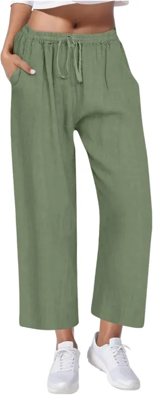 Women's Casual Linen Trousers Solid Color Elastic Waisted High Waist Bandage Home Pants with Pocket 2025 Fashion