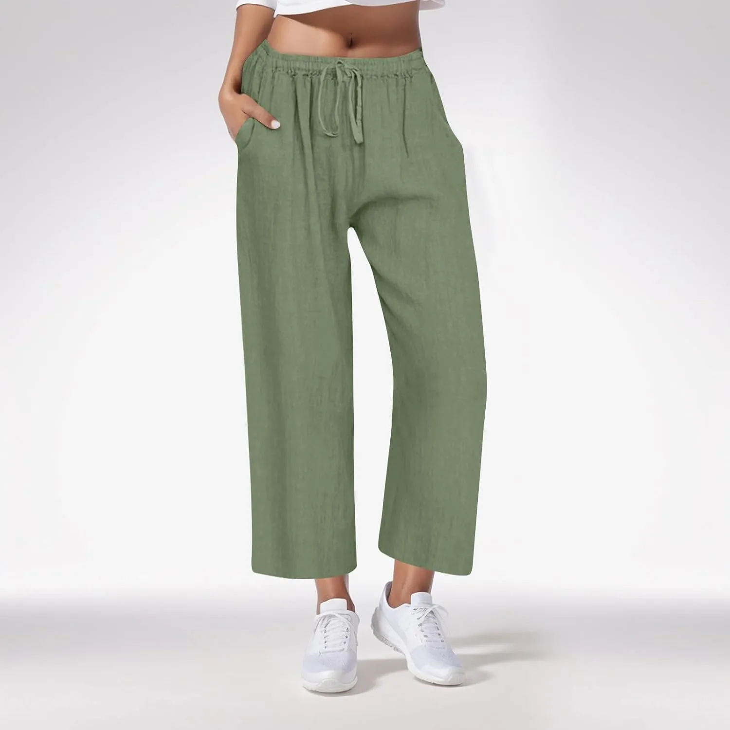 Women's Casual Linen Trousers Solid Color Elastic Waisted High Waist Bandage Home Pants with Pocket 2025 Fashion