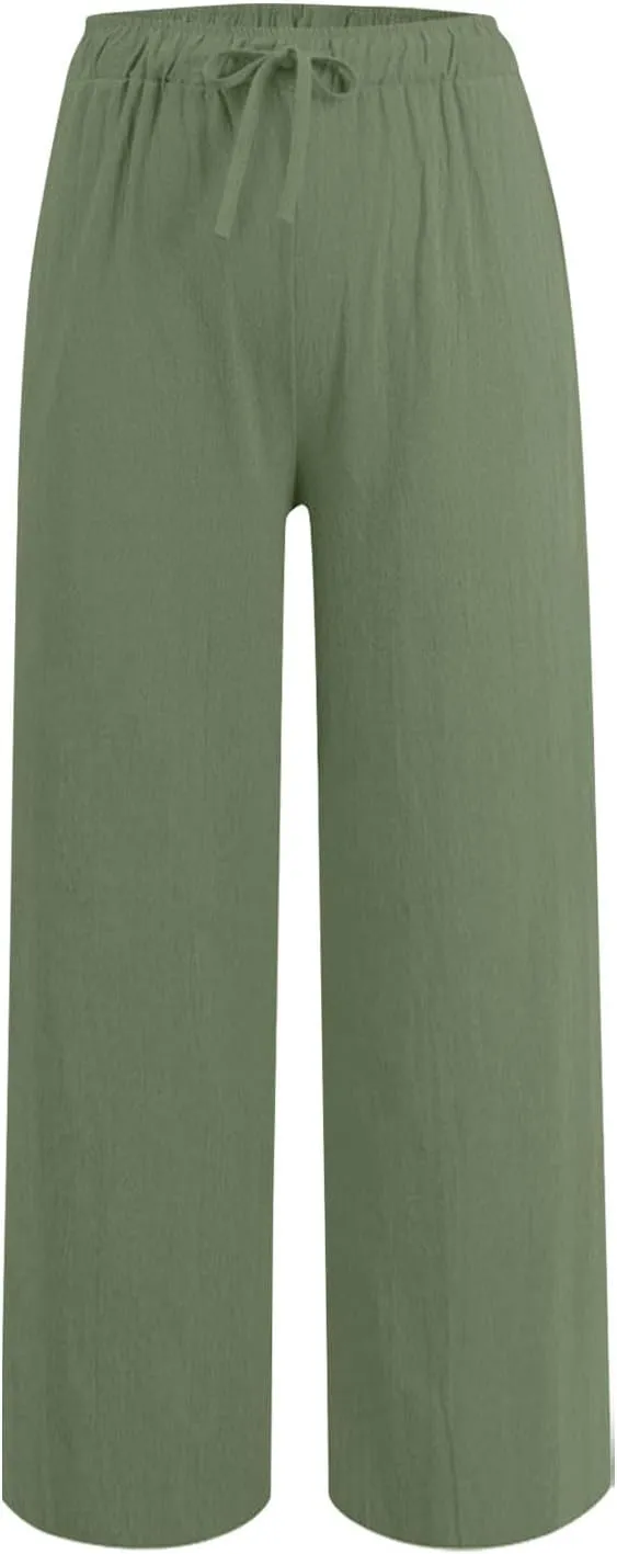 Women's Casual Linen Trousers Solid Color Elastic Waisted High Waist Bandage Home Pants with Pocket 2025 Fashion