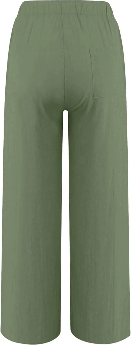 Women's Casual Linen Trousers Solid Color Elastic Waisted High Waist Bandage Home Pants with Pocket 2025 Fashion