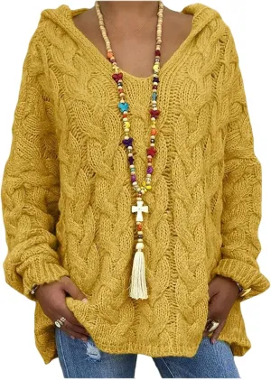 Women's Chunky Cable Knit Pullover Hooded Sweaters Oversized V Neck Long Sleeve Warm Loose Hoodies
