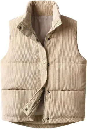 Womens Corduroy Puffer Vest Stand Collar Zip Snap Button Sleeveless Warm Waistcoat Padded Gilet