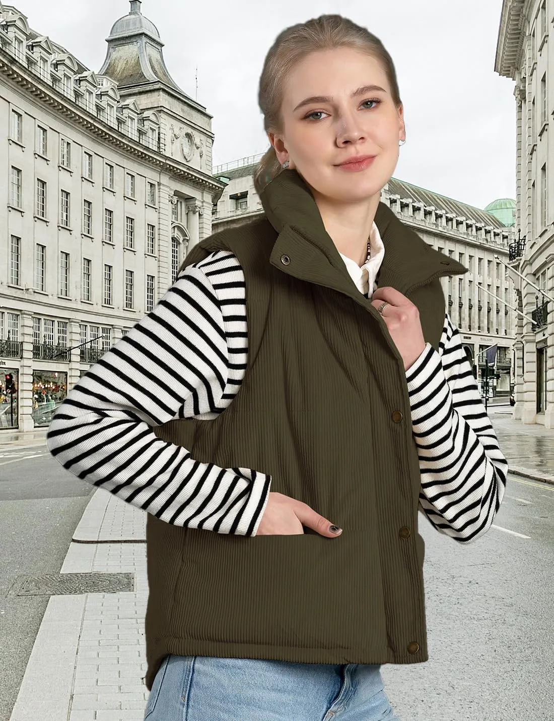 Womens Corduroy Puffer Vest Stand Collar Zip Snap Button Sleeveless Warm Waistcoat Padded Gilet
