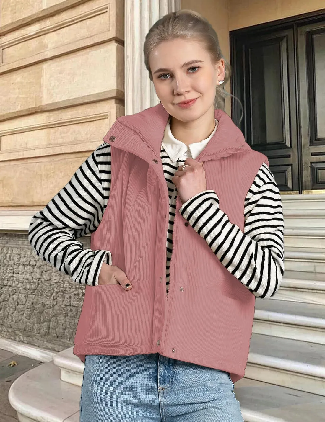 Womens Corduroy Puffer Vest Stand Collar Zip Snap Button Sleeveless Warm Waistcoat Padded Gilet