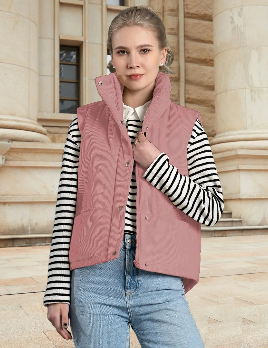 Womens Corduroy Puffer Vest Stand Collar Zip Snap Button Sleeveless Warm Waistcoat Padded Gilet