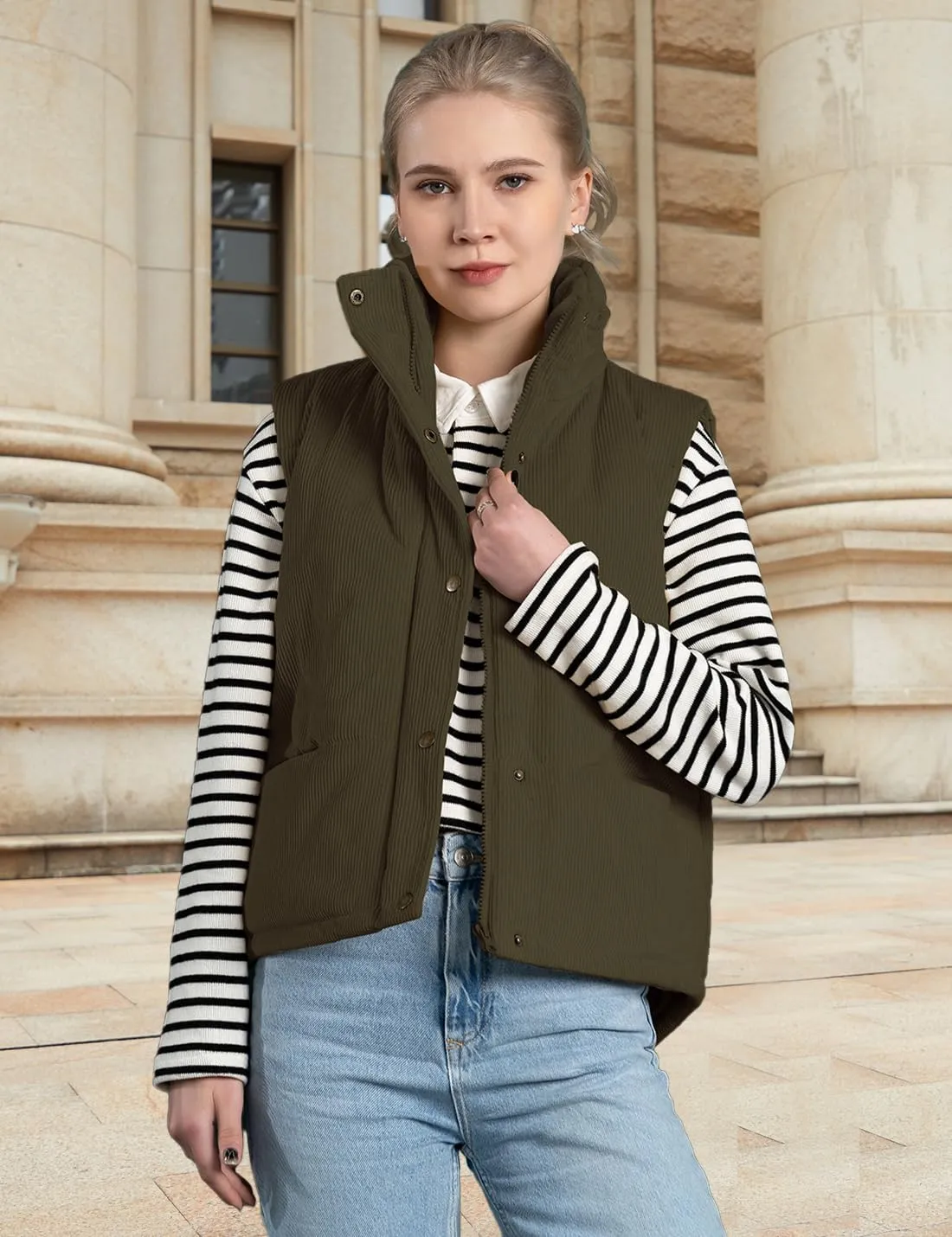 Womens Corduroy Puffer Vest Stand Collar Zip Snap Button Sleeveless Warm Waistcoat Padded Gilet