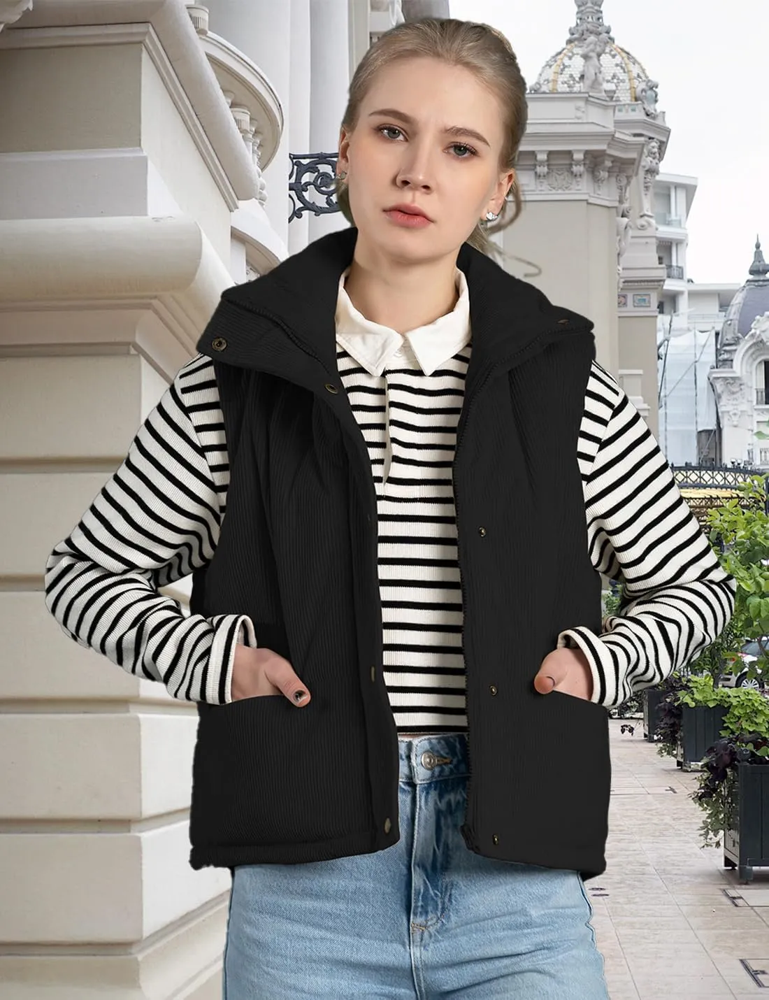 Womens Corduroy Puffer Vest Stand Collar Zip Snap Button Sleeveless Warm Waistcoat Padded Gilet