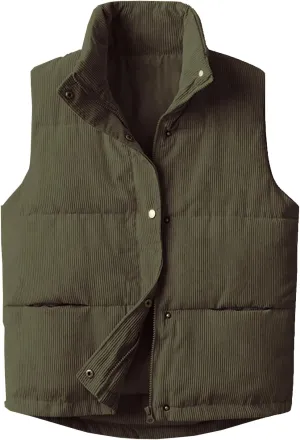 Womens Corduroy Puffer Vest Stand Collar Zip Snap Button Sleeveless Warm Waistcoat Padded Gilet